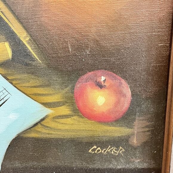 Vintage Still Life Oil Painting Signed "Cocker" - Books, Sheet Music, Apple - Picture 3 of 9